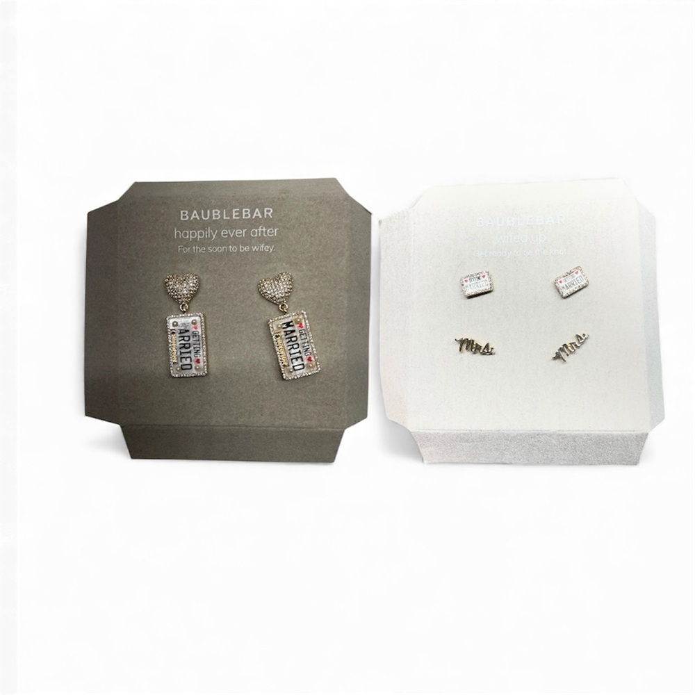 Baublebar Just Married Pave Imitation Pearl Heart & License Plate Drop earrings